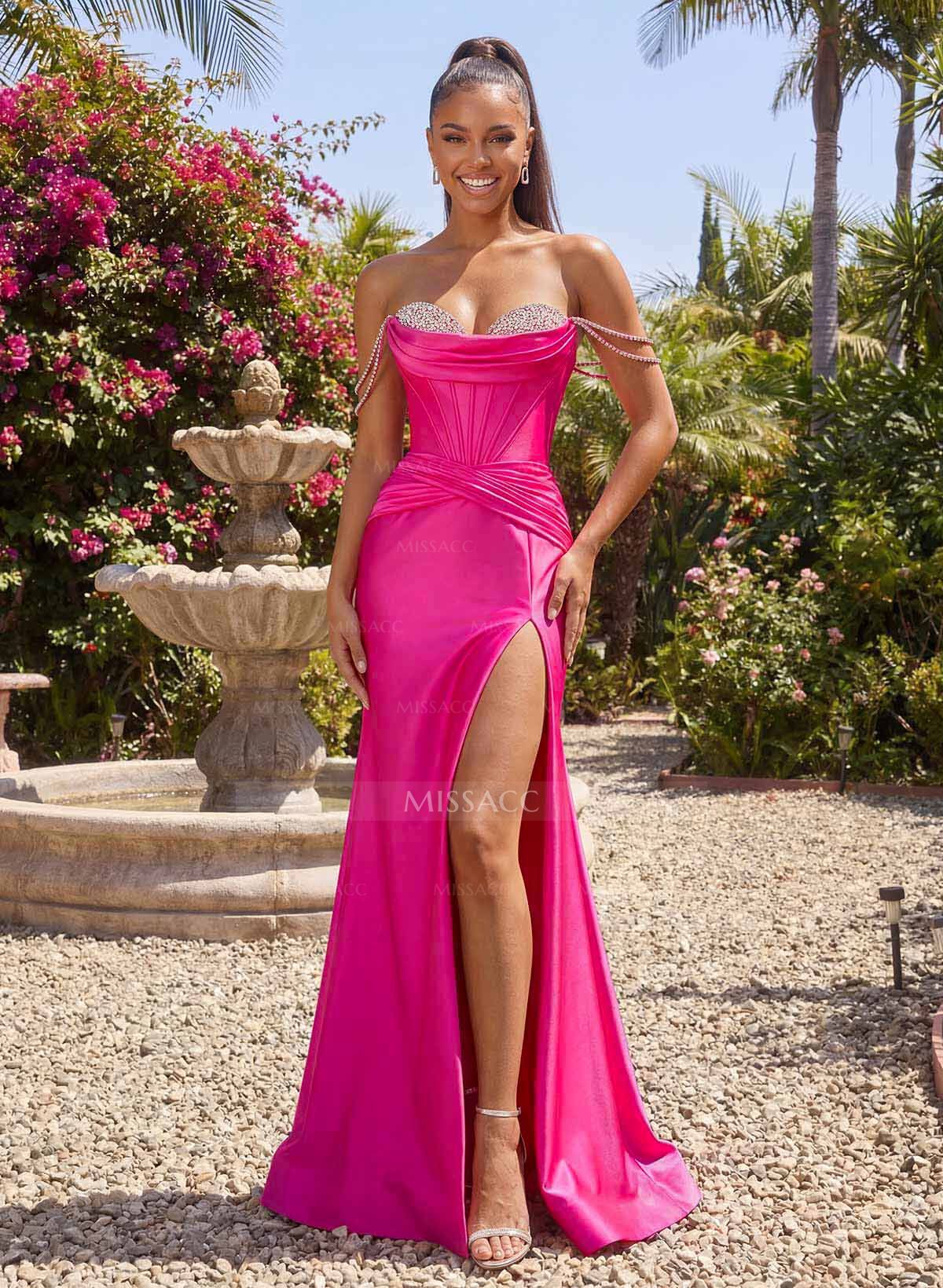 Trumpet/Mermaid Off-The-Shoulder Sweep Train Stretch Satin Knit Prom Dresses With Beading/High Split