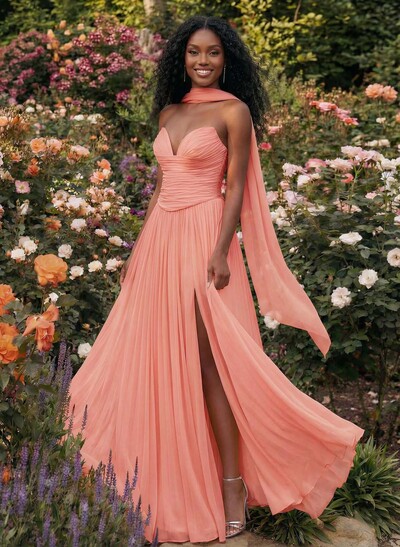 A-Line Strapless Sweep Train Chiffon Bridesmaid Dresses With Pleated/High Split