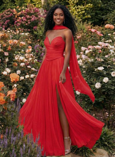 A-Line Strapless Sweep Train Chiffon Prom Dresses With Pleated/High Split