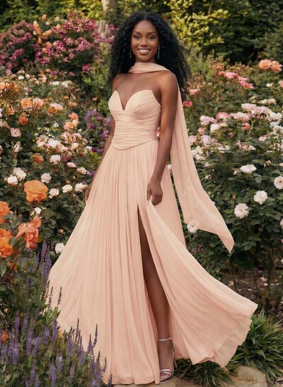 A-Line Strapless Sweep Train Chiffon Bridesmaid Dresses With Pleated/High Split