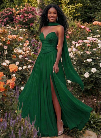 A-Line Strapless Sweep Train Chiffon Prom Dresses With Pleated/High Split
