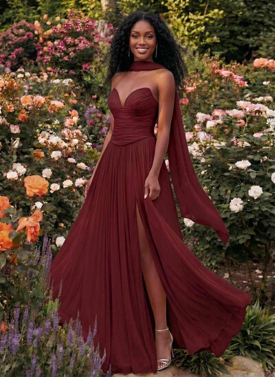 A-Line Strapless Sweep Train Chiffon Prom Dresses With Pleated/High Split