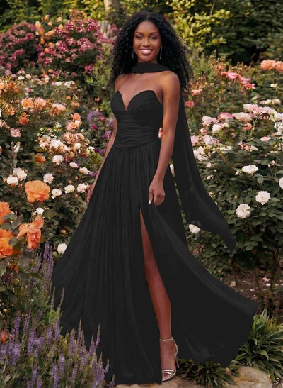 A-Line Strapless Sweep Train Chiffon Prom Dresses With Pleated/High Split