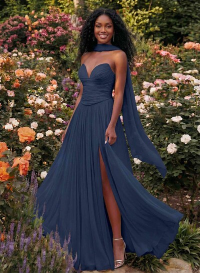 A-Line Strapless Sweep Train Chiffon Evening Dresses With Pleated/High Split