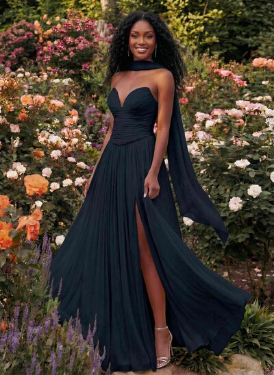 A-Line Strapless Sweep Train Chiffon Prom Dresses With Pleated/High Split
