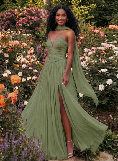 A-Line Strapless Sweep Train Chiffon Evening Dresses With Pleated/High Split