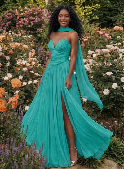 A-Line Strapless Chiffon Evening Gowns With Sweep Train And Pleated High Slit