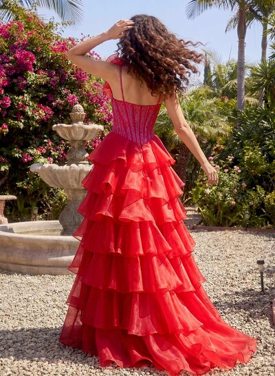 A-Line Cowl Neck Sweep Train Prom Dresses With Cascading Ruffles/Flower(s)/High Split/Tiered