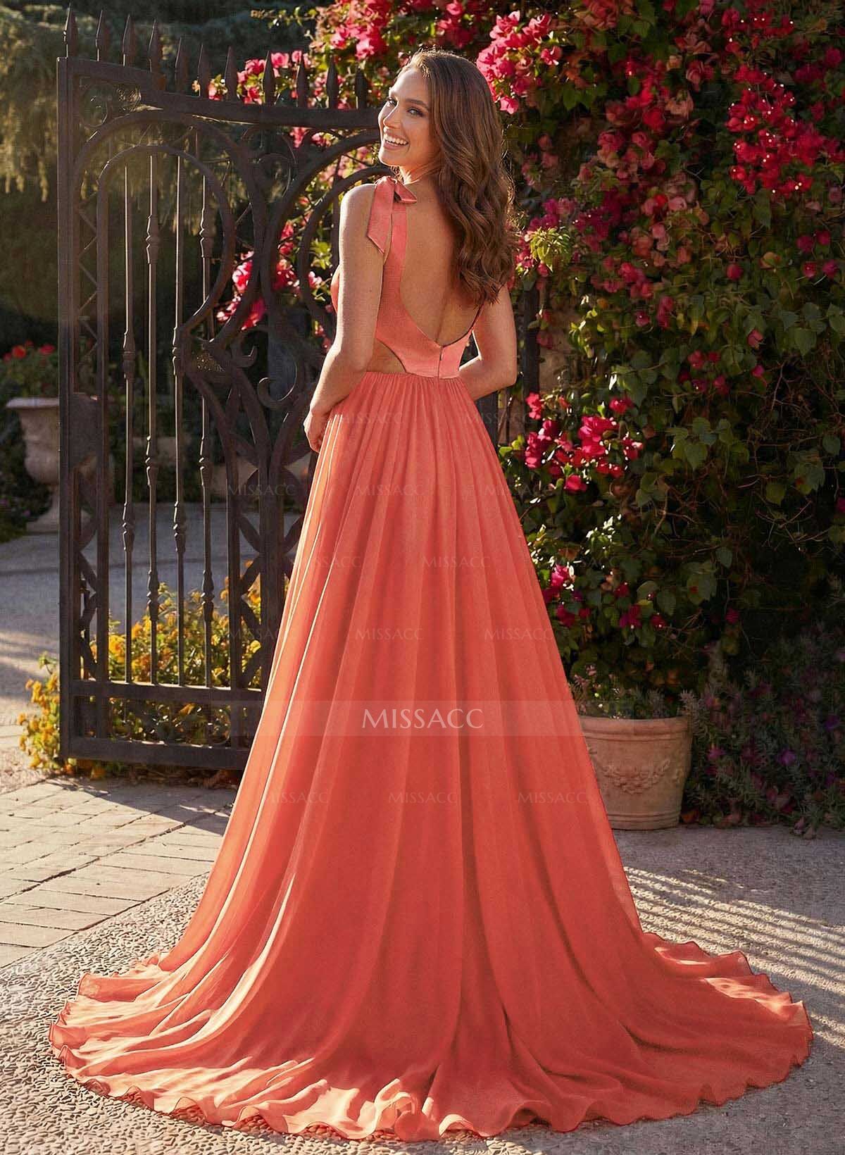 A-Line Scoop Neck Sleeveless Sweep Train Satin/Tulle/30D Chiffon Prom Dresses With Split Front/Bow(s)