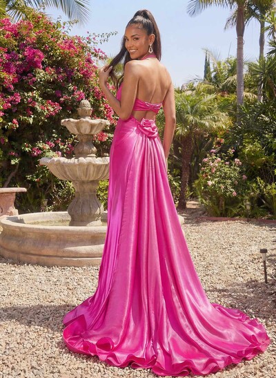 Trumpet/Mermaid Plunge Neck Sweep Train Stretch Satin Knit/Liquid Tulle Prom Dresses With Flower(s)/High Split