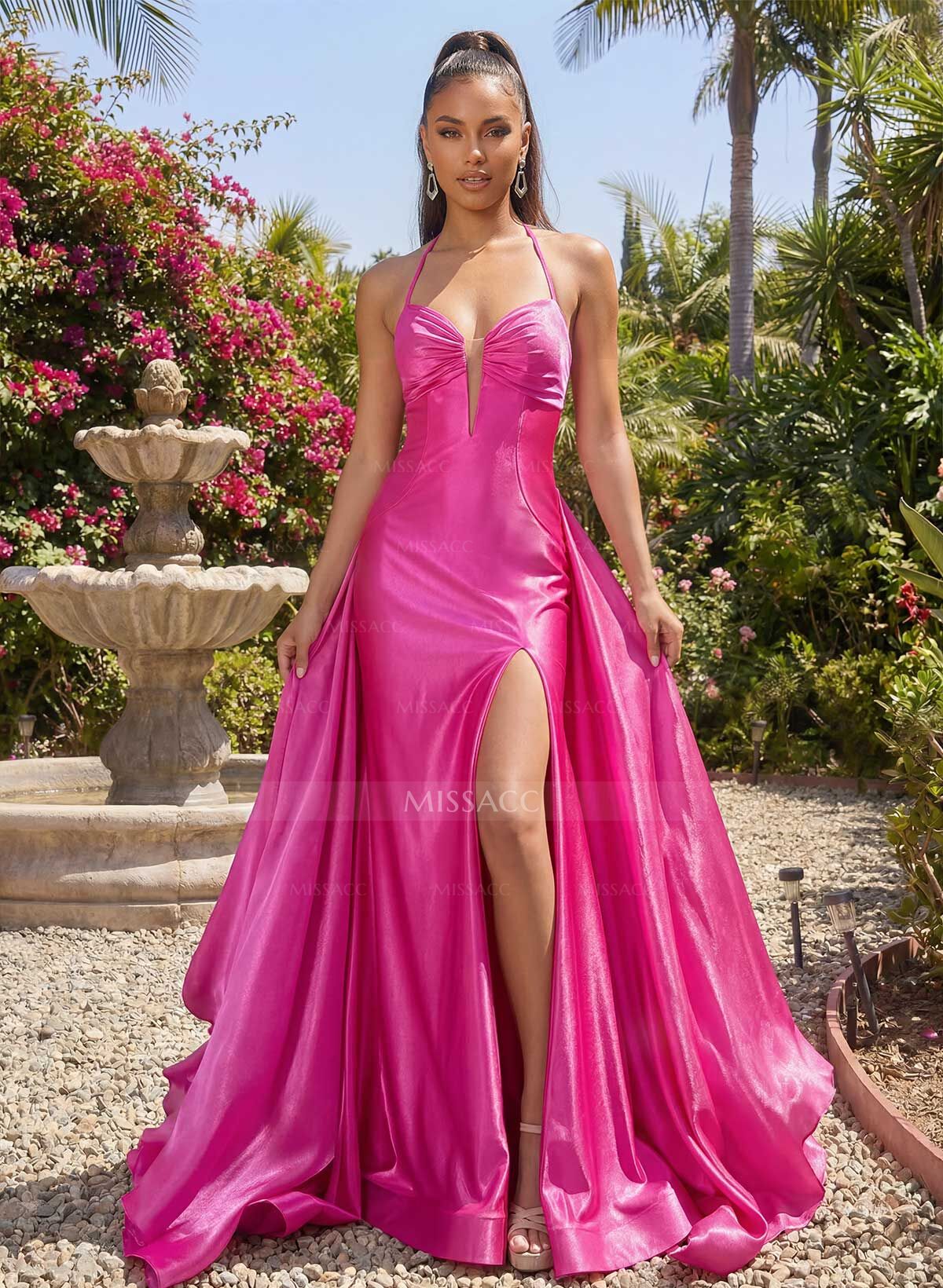 Trumpet/Mermaid Plunge Neck Sweep Train Stretch Satin Knit/Liquid Tulle Prom Dresses With Flower(s)/High Split