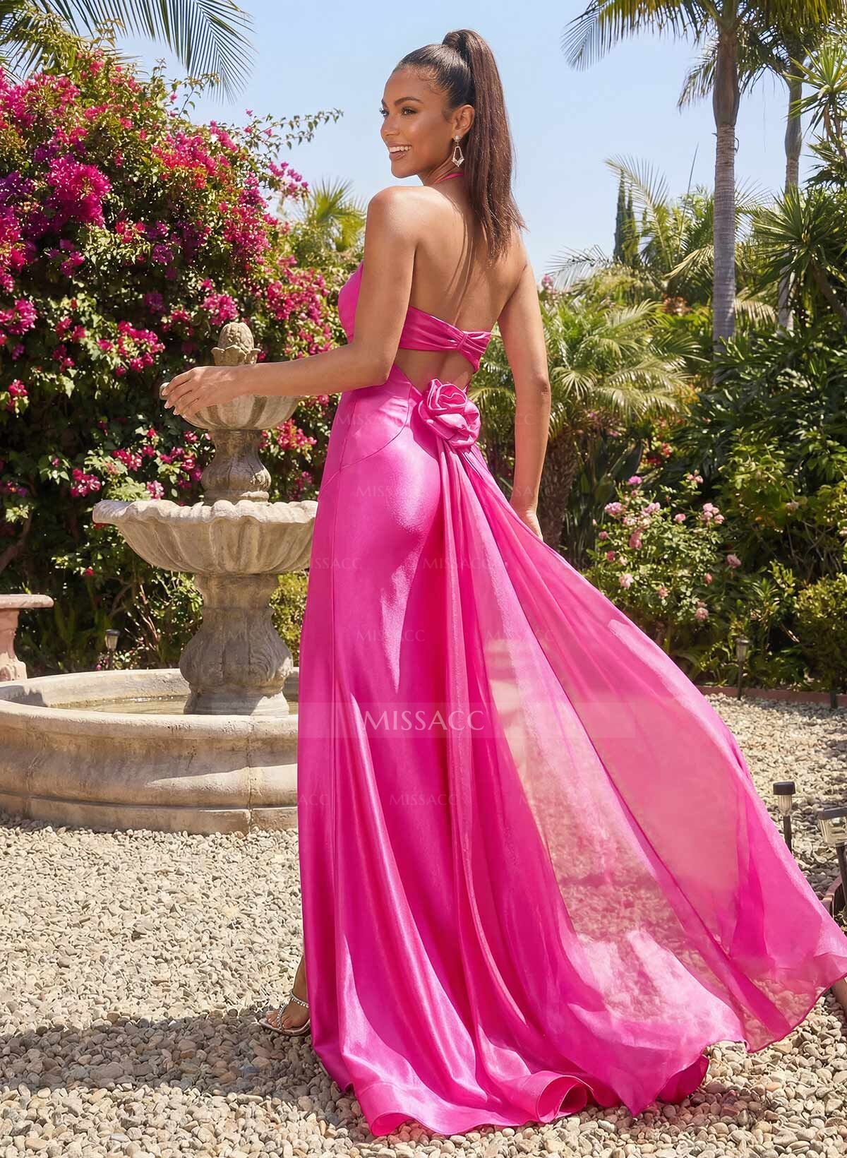 Trumpet/Mermaid Plunge Neck Sweep Train Stretch Satin Knit/Liquid Tulle Prom Dresses With Flower(s)/High Split