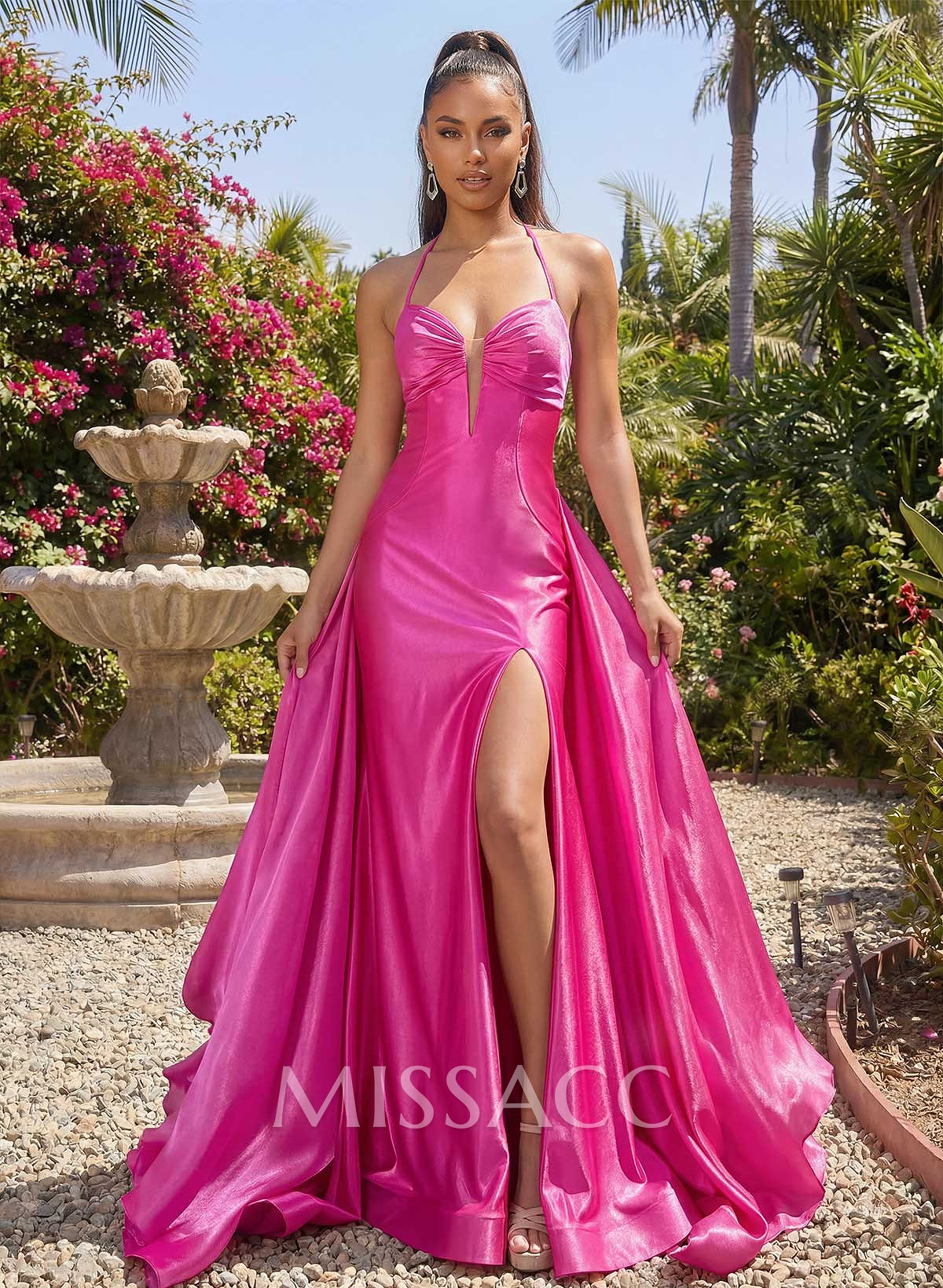 Trumpet/Mermaid Plunge Neck Sweep Train Stretch Satin Knit/Liquid Tulle Prom Dresses With Flower(s)/High Split