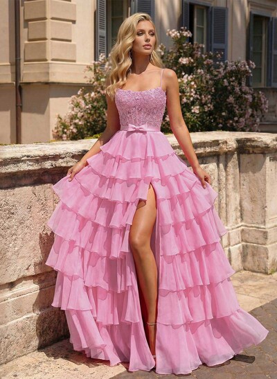 A-Line Square Neckline Sweep Train Chiffon Prom Dresses With Appliques Lace/High Split/Tiered