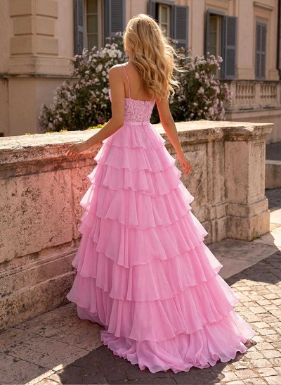 A-Line Square Neckline Sweep Train Chiffon Prom Dresses With Appliques Lace/High Split/Tiered
