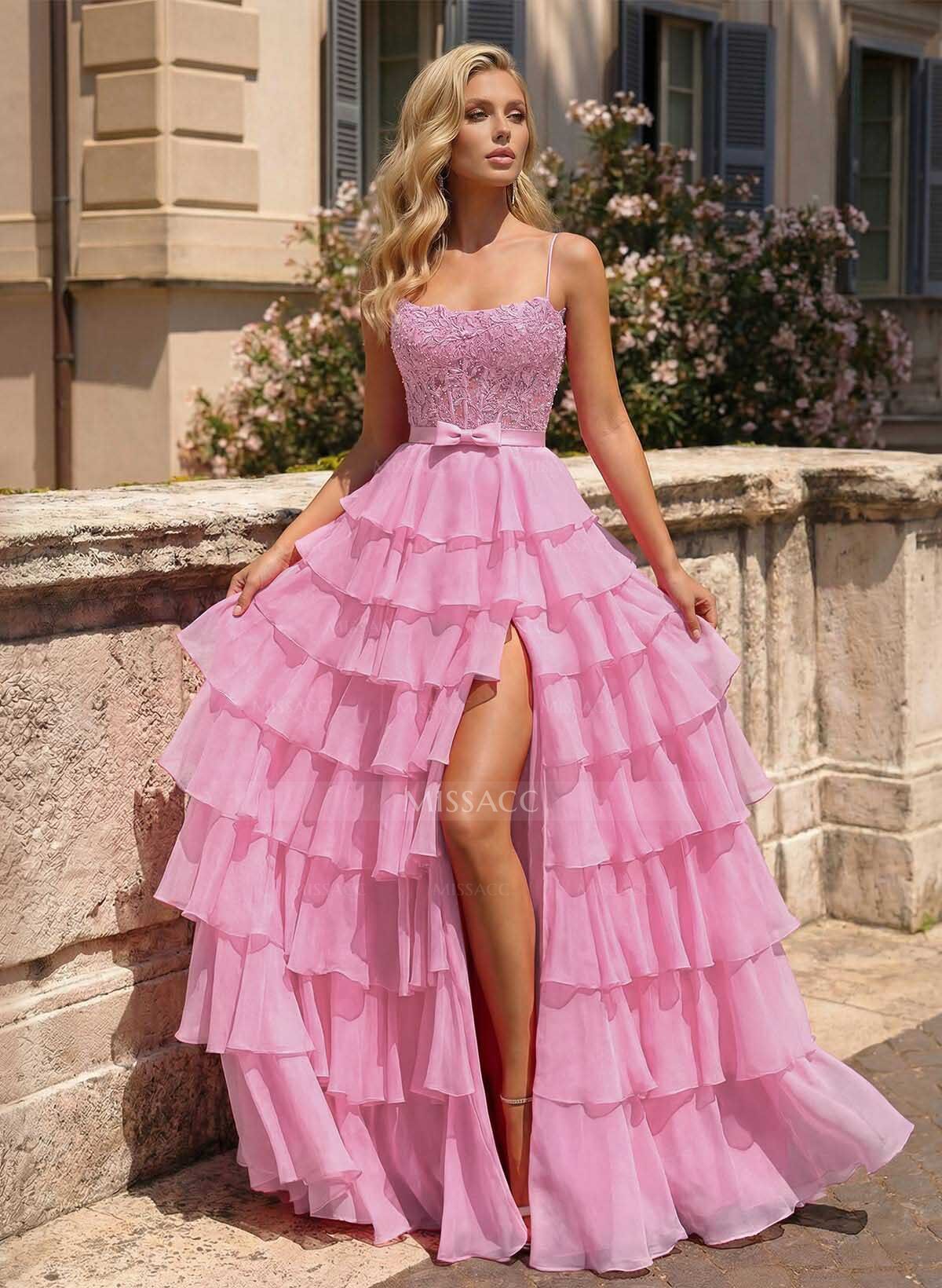 A-Line Square Neckline Sweep Train Chiffon Prom Dresses With Appliques Lace/High Split/Tiered