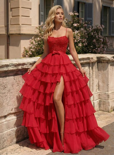 A-Line Square Neckline Sweep Train Chiffon Prom Dresses With Appliques Lace/High Split/Tiered