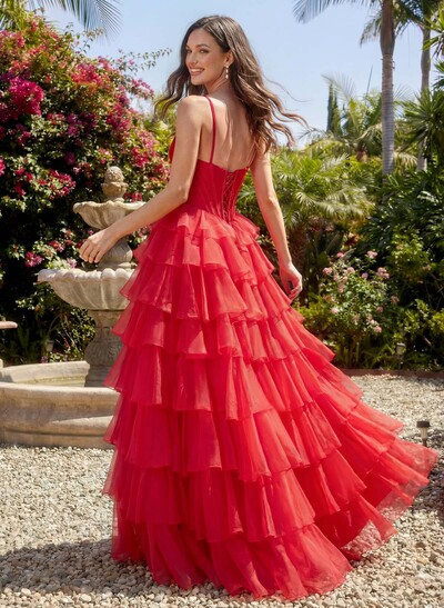A-Line Square Neckline Sleeveless Floor-Length Chiffon Prom Dresses With Cascading Ruffles/High Split/Tiered