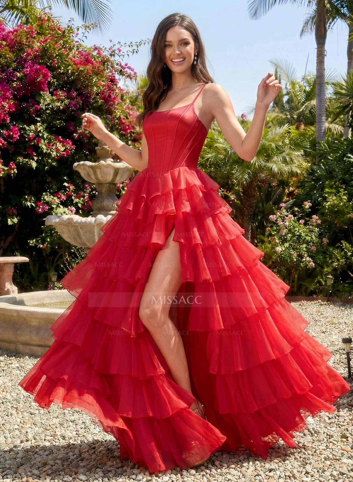 A-Line Square Neckline Sleeveless Floor-Length Chiffon Prom Dresses With Cascading Ruffles/High Split/Tiered