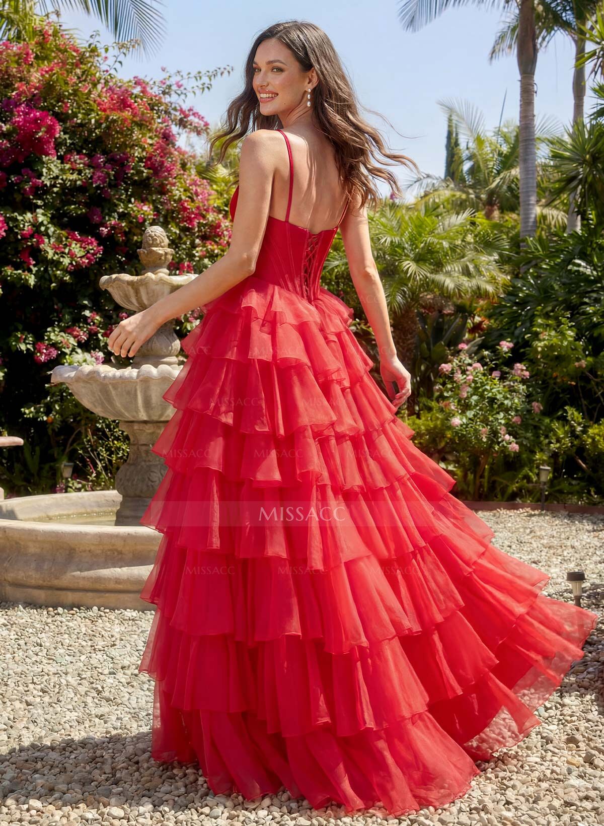 A-Line Square Neckline Sleeveless Floor-Length Chiffon Prom Dresses With Cascading Ruffles/High Split/Tiered