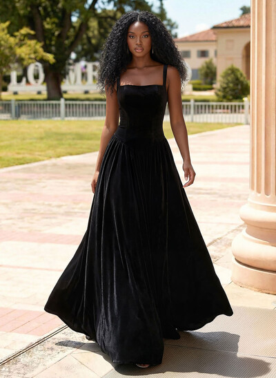 A-Line Square Neckline Sleeveless Floor-Length Prom Dresses