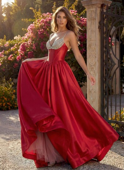 A-Line V-Neck Sleeveless Floor-Length Satin/Tulle Prom Dresses