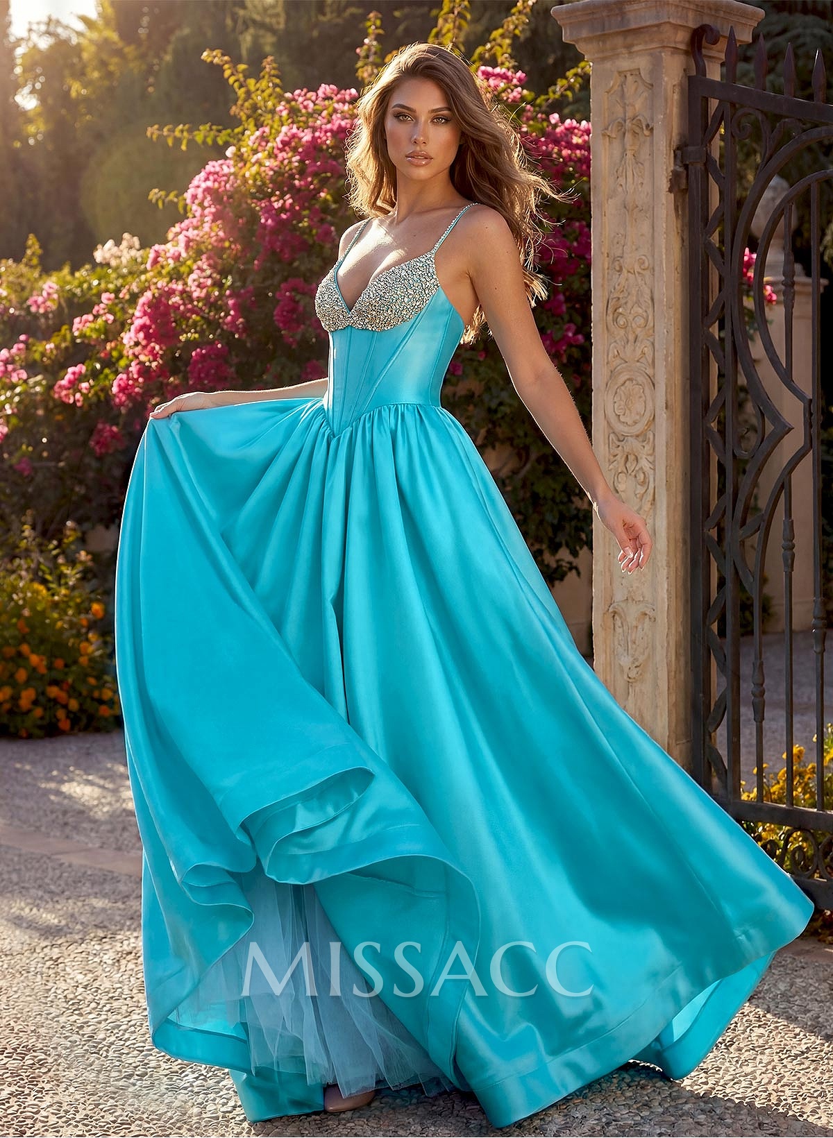 A-Line V-Neck Sleeveless Floor-Length Satin/Tulle Prom Dresses