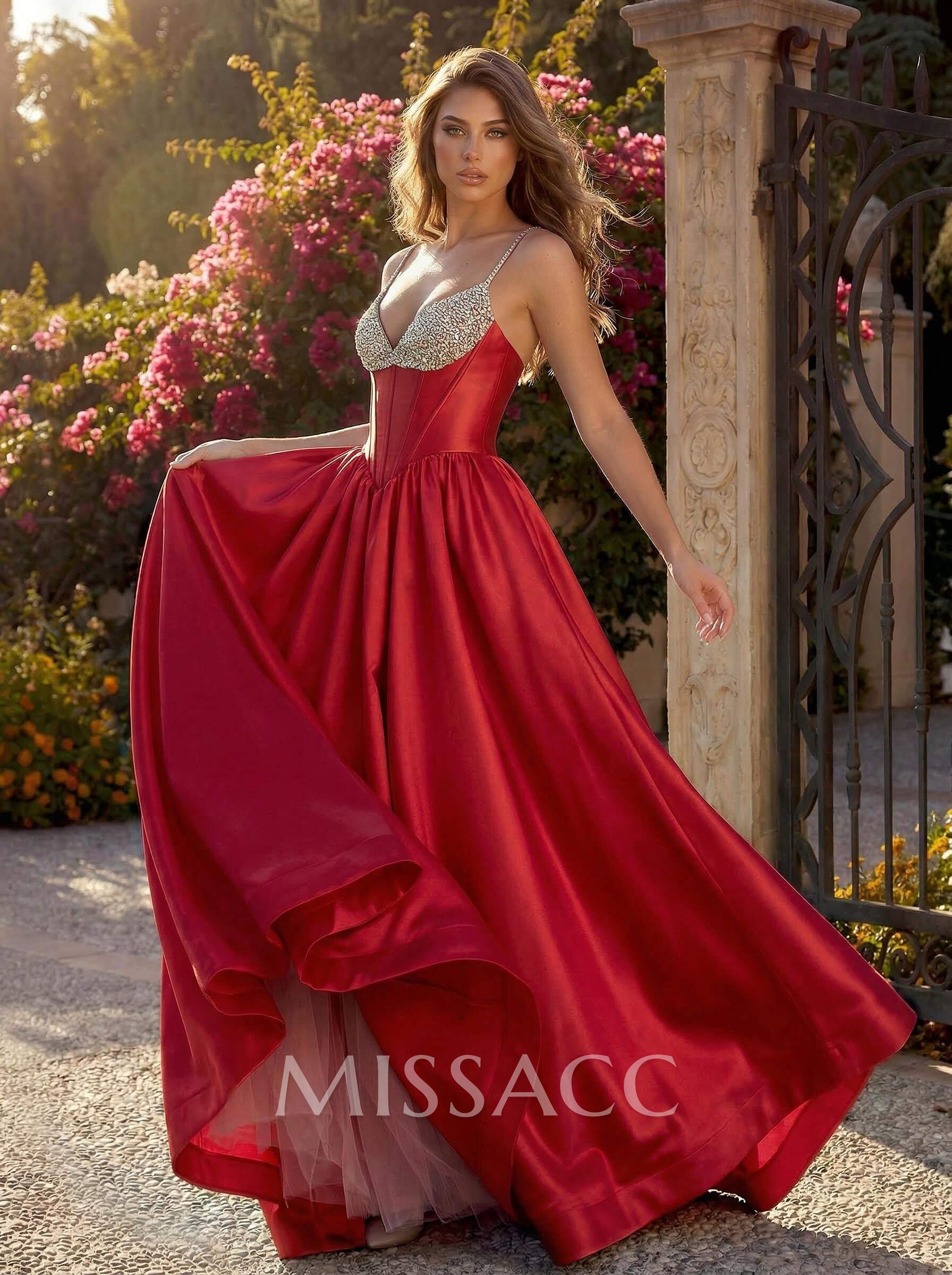 A-Line V-Neck Sleeveless Floor-Length Satin/Tulle Prom Dresses