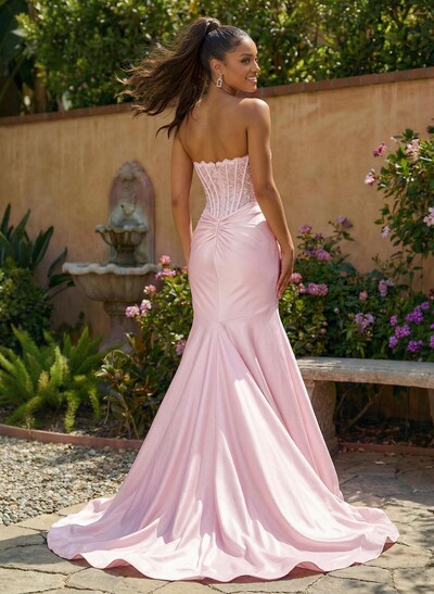 Trumpet/Mermaid Sweetheart Sleeveless Sweep Train Lace/Stretch Satin Knit Prom Dresses With High Split