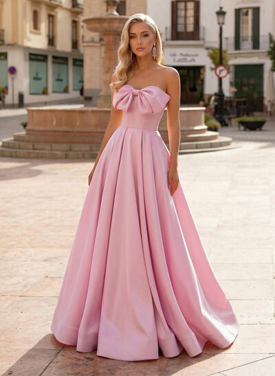 A-Line Off-The-Shoulder Sleeveless Sweep Train Satin Prom Dresses With Bow(s)