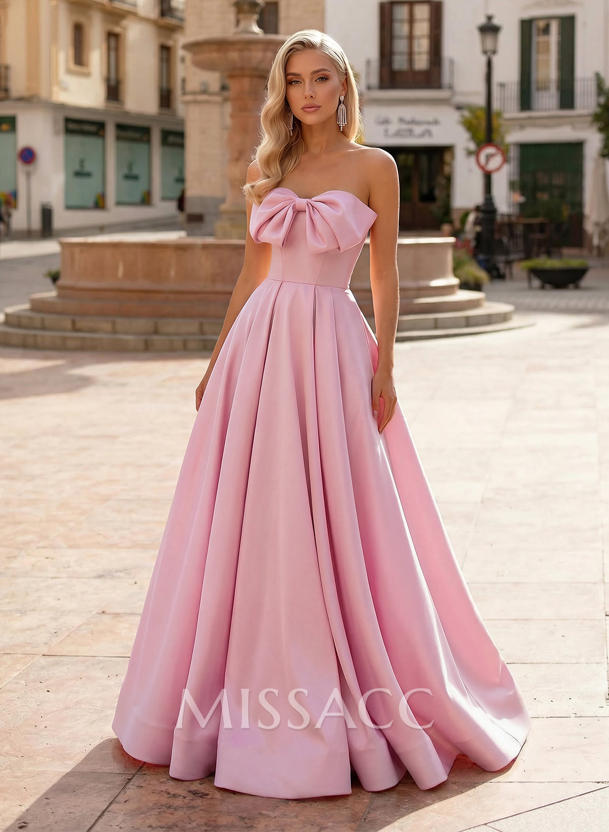 A-Line Off-The-Shoulder Sleeveless Sweep Train Satin Prom Dresses With Bow(s)