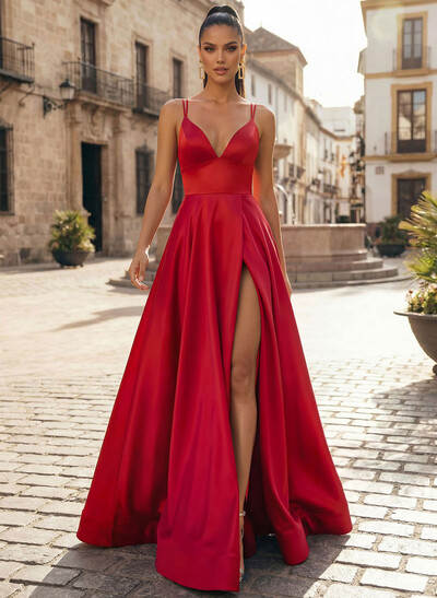 A-Line V-Neck Sleeveless Sweep Train Satin Prom Dresses With High Split