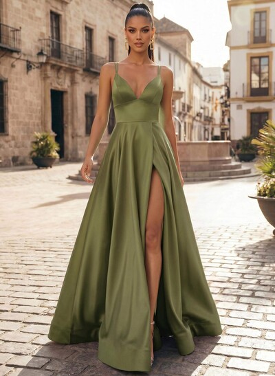A-Line V-Neck Sleeveless Sweep Train Satin Evening Dresses With High Split