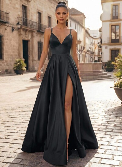 A-Line V-Neck Sleeveless Sweep Train Satin Prom Dresses With High Split