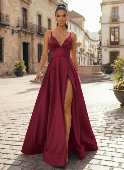 A-Line V-Neck Sleeveless Sweep Train Satin Prom Dresses With High Split