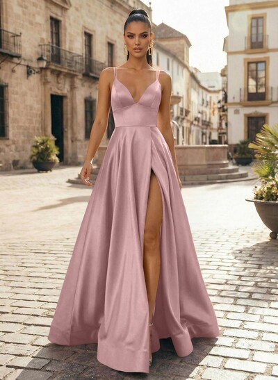 A-Line V-Neck Sleeveless Sweep Train Satin Evening Dresses With High Split