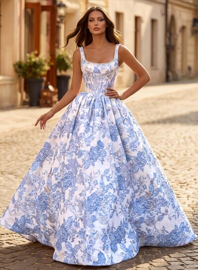 Ball-Gown Square Neckline Sleeveless Sweep Train Jacquard Prom Dresses With Beading/Flower(s)