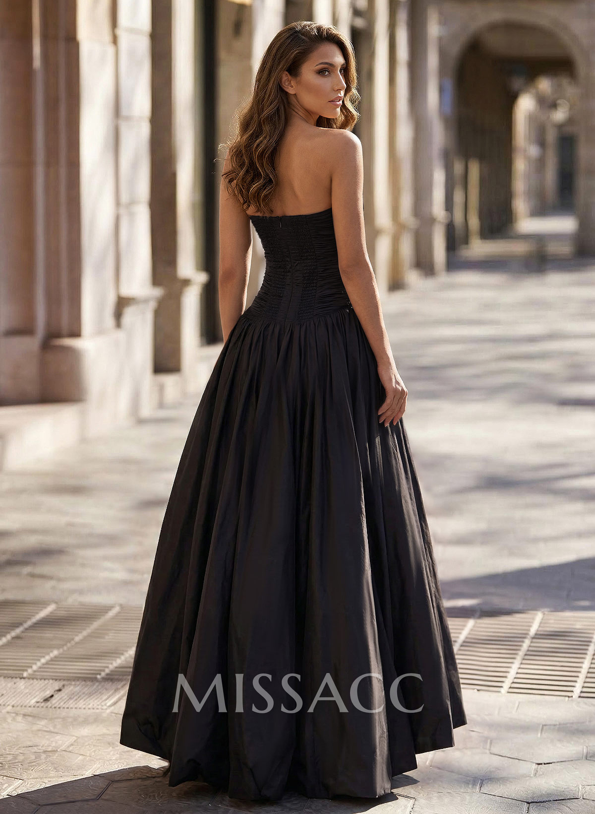 A-Line Strapless Sleeveless Floor-Length Taffeta Prom Dresses With Split Front/Pleated/Bubble Hem