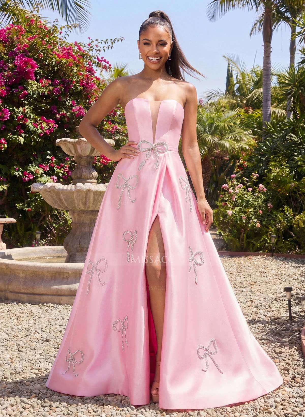 A-Line Strapless Sleeveless Sweep Train Twill Satin Prom Dresses With High Split