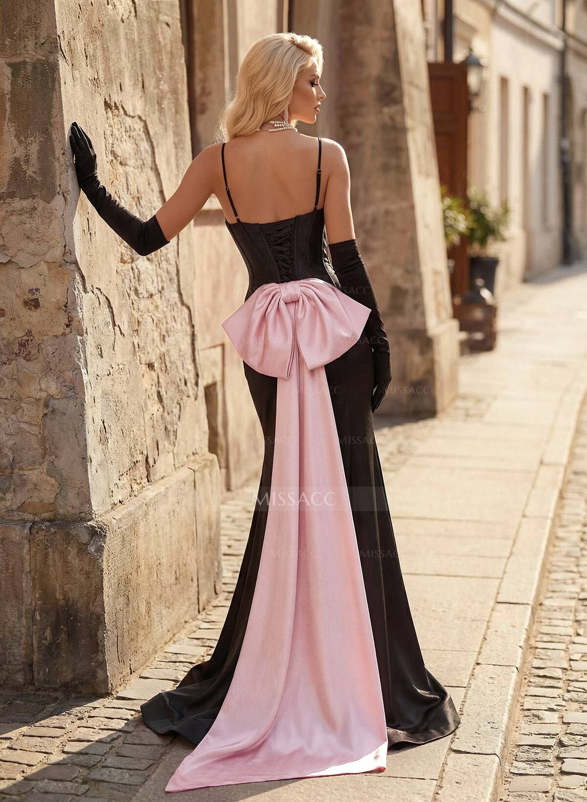 Trumpet/Mermaid Sweetheart Sleeveless Sweep Train Stretch Satin Knit Prom Dresses With Bow(s)/High Split