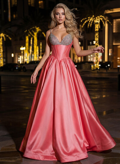 Sweet & Flow A-Line V-Neck Sleeveless Sweep Train Satin Prom Dresses With Rhinestone
