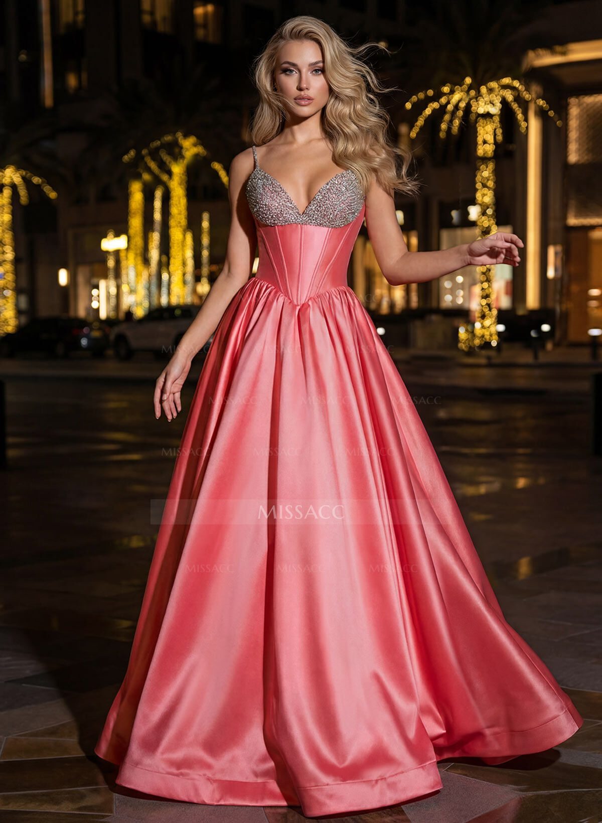 Sweet & Flow A-Line V-Neck Sleeveless Sweep Train Satin Prom Dresses With Rhinestone