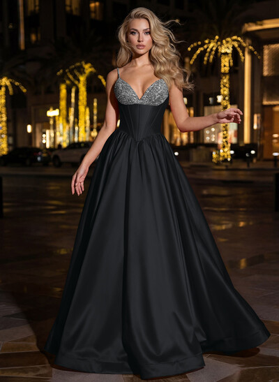 Sweet & Flow A-Line V-Neck Sleeveless Floor-Length Satin Prom Dresses With Rhinestone