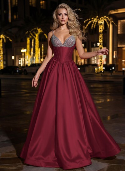 Sweet & Flow A-Line V-Neck Sleeveless Floor-Length Satin Prom Dresses With Rhinestone