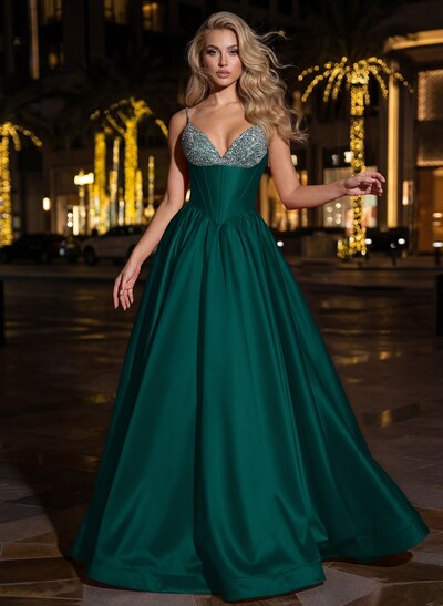 Sweet & Flow A-Line V-Neck Sleeveless Floor-Length Satin Prom Dresses With Rhinestone