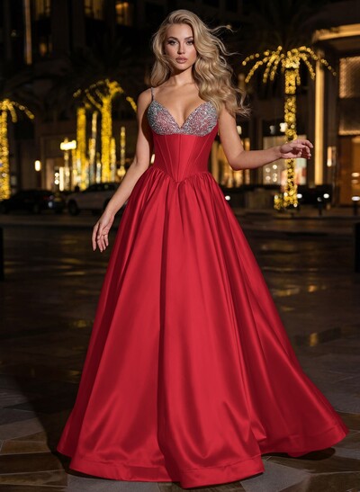 Sweet & Flow A-Line V-Neck Sleeveless Floor-Length Satin Prom Dresses With Rhinestone