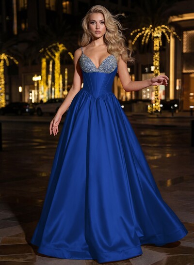 Sweet & Flow A-Line V-Neck Sleeveless Floor-Length Satin Prom Dresses With Rhinestone