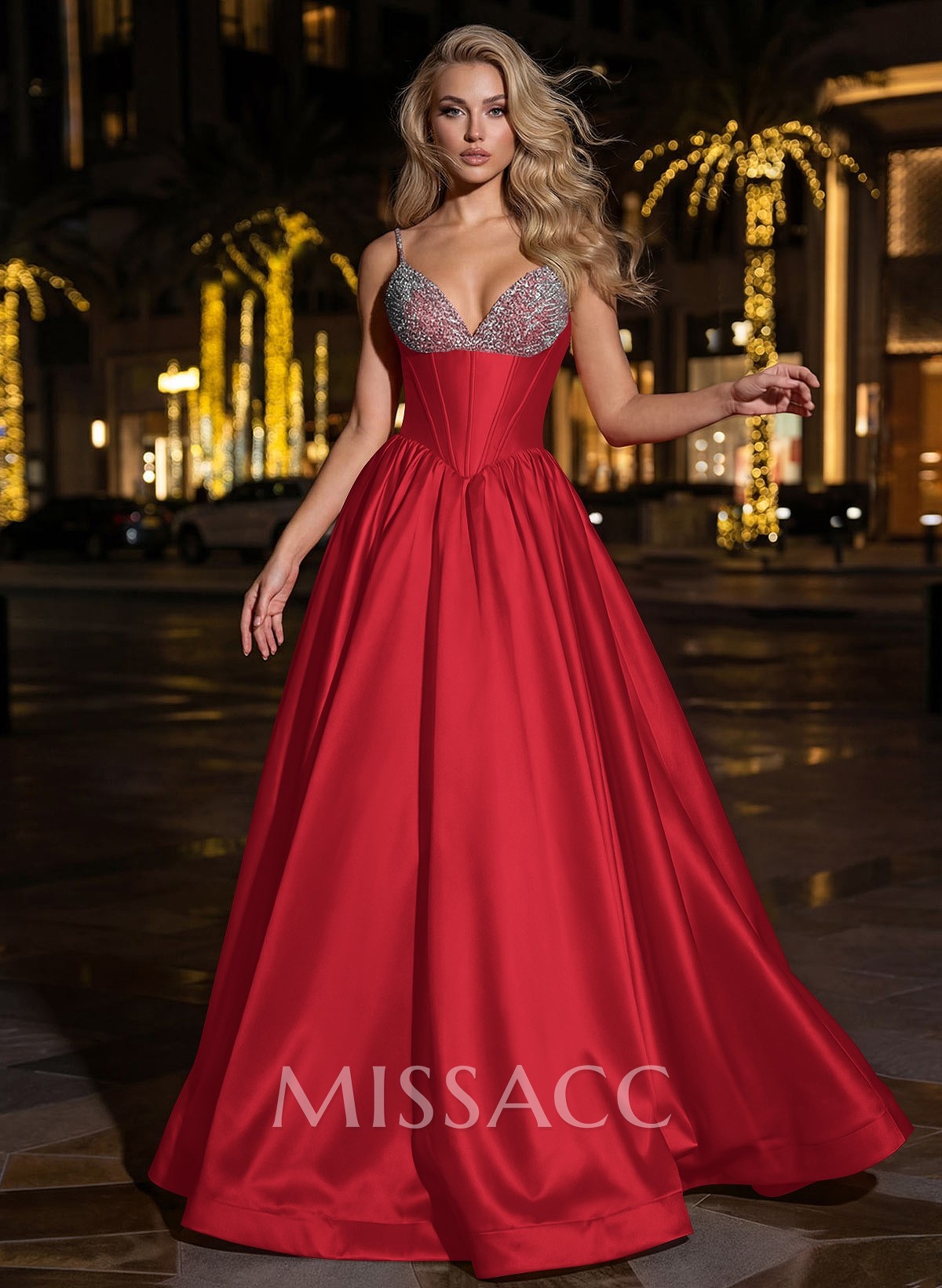 Sweet & Flow A-Line V-Neck Sleeveless Floor-Length Satin Prom Dresses With Rhinestone