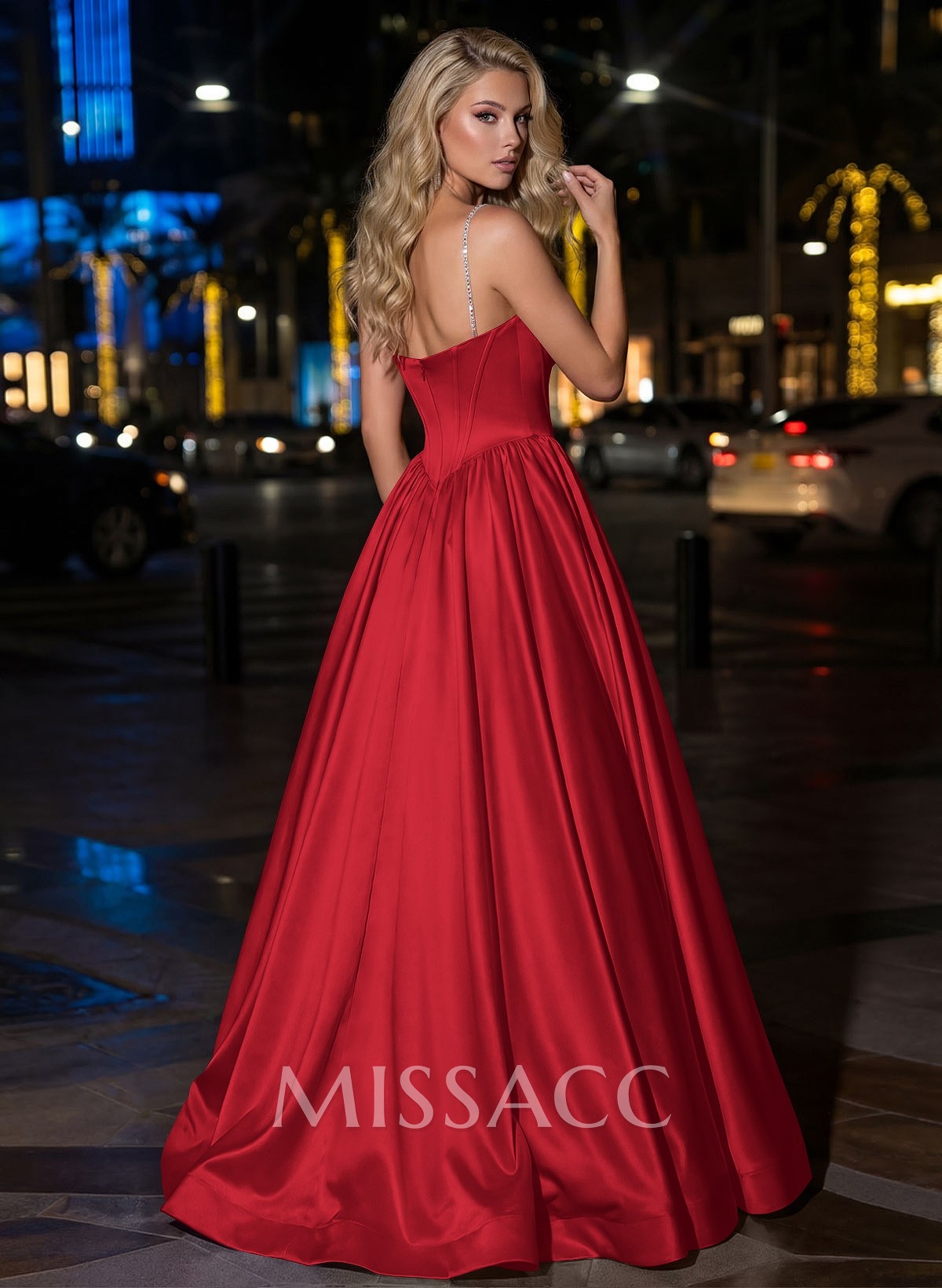 Sweet & Flow A-Line V-Neck Sleeveless Floor-Length Satin Prom Dresses With Rhinestone
