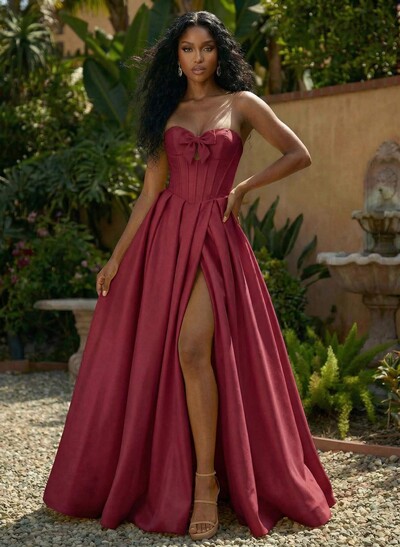 A-Line Sweetheart Sleeveless Sweep Train Satin Prom Dresses With Bow(s)/High Split